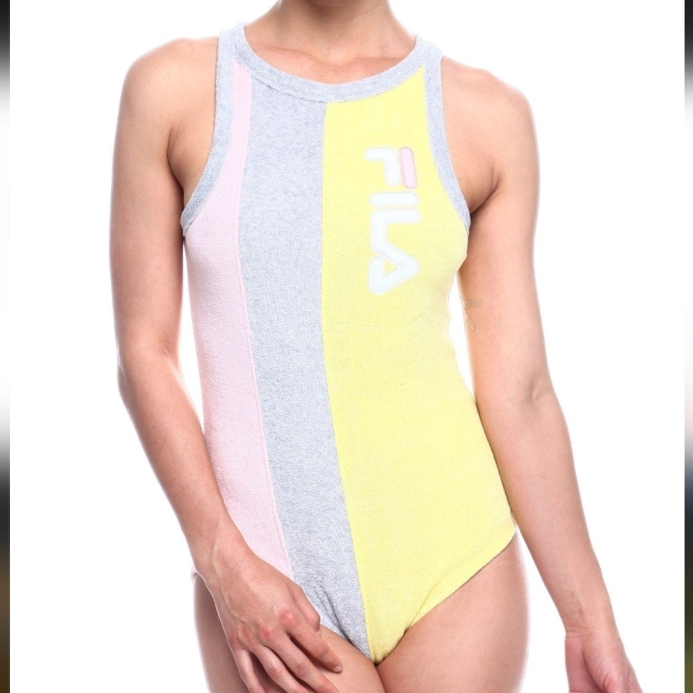 Fila Women's Yellow, Pink, and Gray Bodysuit